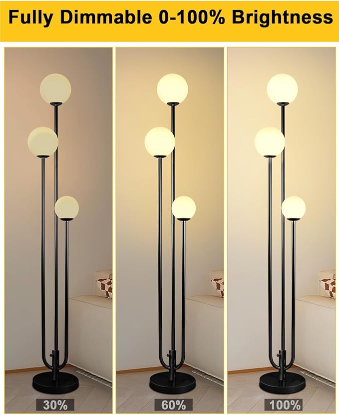 Lightdot 63IN Black Floor Lamp Dimmable with Candle Holder Style Mid Century Standing Lamps, 3000K Warm White Bulbs Included, Modern Globe Floor Lamp for Living Room/Bedroom/Sofa Beside/Corner Decor