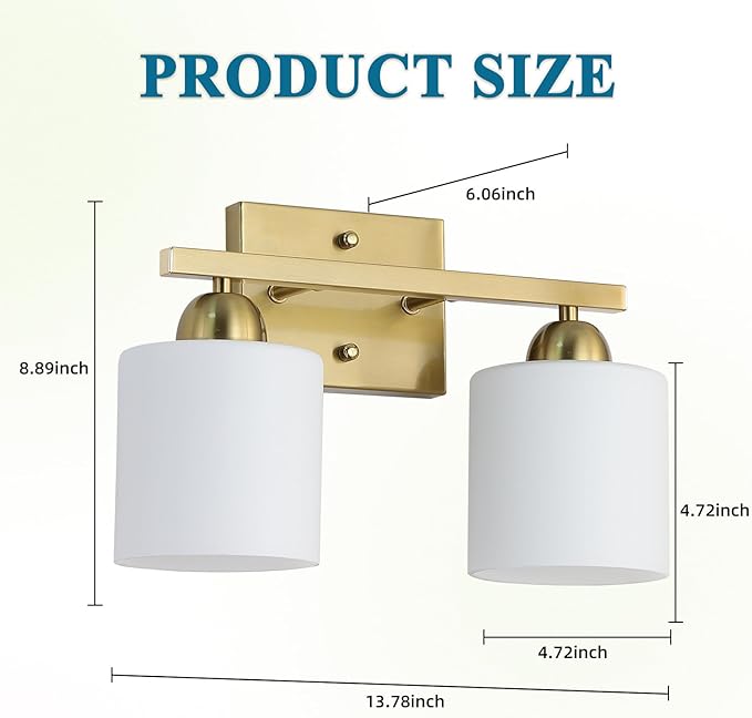 Stainless Steel Milk Glass Vanity Lights for Bathroom, 2 Light Gold Bathroom Light Fixtures Over Mirror, Ceramic E26 Sockets Wall Mounted