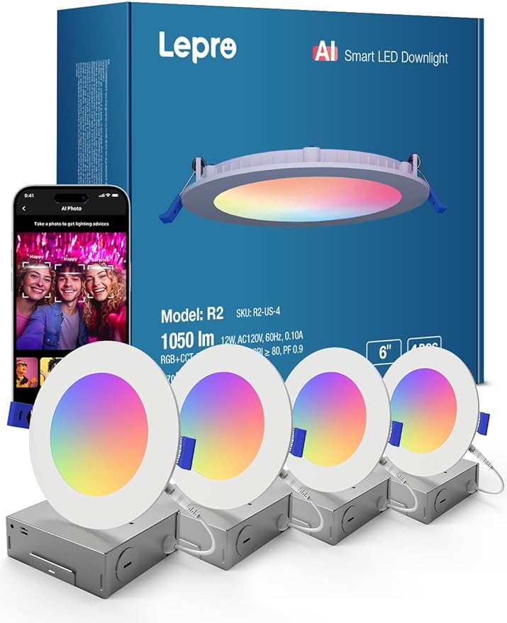 Lepro Bundle - R2 AI Smart LED Canless Light 6 Inch with Mood Recognition Music Sync, Group Control, 12W,1050 Lumen + 6 Pack 6 Inch LED Recessed Ceiling Light with Junction Box, 5000K Daylight