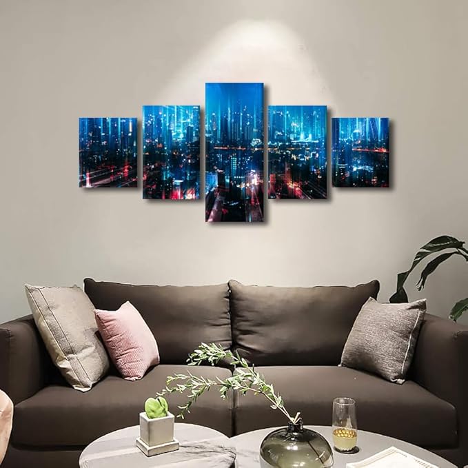 Canvas Wall Art Smart City And Digital Picture 5 Panel Smart City Poster Bangkok Cityscape Modern Home Decoration University Professor Office Wall Decorate Frame and Stretched Ready to Hang 50x24 Inch