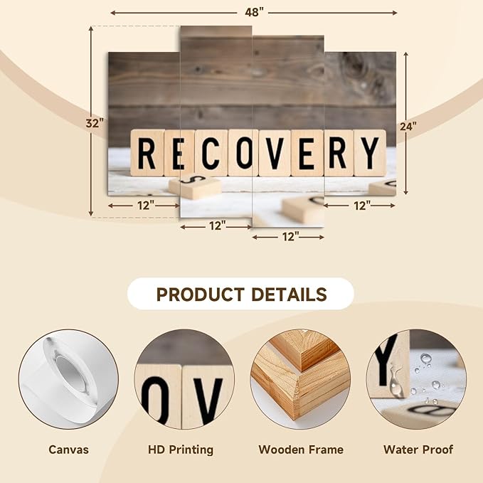 Canvas Wall Art Prints Pictures Recovery from wooden letters Framed Posters Modern Wall Painting Artwork Gift Home Decor for Living Room Ready to Hang 4 Panel