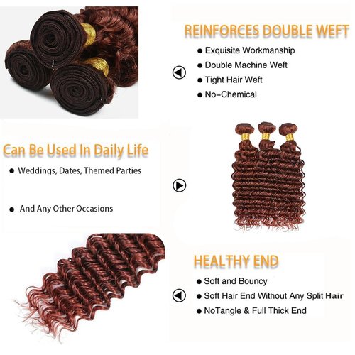 Giginger Bundles Human Hair 18 20 22 Inch Reddish Brown Deep Wave Bundles Color 33 Human Hair Deep Wave Unprocessed Quick Weave Soft Sewn In Hair Extensions for Black Women