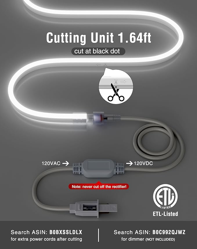 Shine Decor LED Neon Rope Lights AC 120V, Expandable & Cuttable 120LEDs/M Bright Strip Lighting, ETL Cold-Resistant & IP65 Waterproof for Indoor Outdoor, 8x16mm, 6300K Cool White, 131.2ft