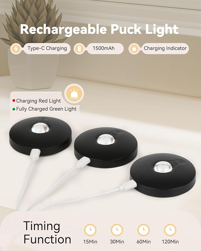 Rechargeable Puck Lights With Remote Control, 1500mAh Battery Operated Tap Lights, Dimmer & Timer Under Cabinet, Wireless LED Stick-On for Closet, Bedroom, Kitchen - Black 3Pcs