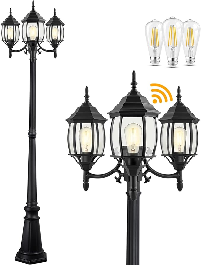 Dusk to Dawn Sensor Outdoor Lamp Post Light 3-Head, Classic Black Light Pole with Clear Glass Panels (3 LED Bulbs Included, Max.100W), Waterproof Outside Street Light for Backyard, Garden, Driveway