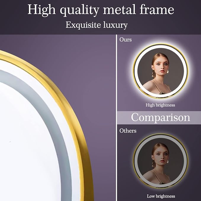 30 Inch Gold Round Vanity Mirror with Lights Gold Frame Circle Lighted Mirror for Bathroom Salon Wall 30" Golden Circle Round LED Light up Mirrors Smart Touch Memory 3 Color Dimmable AntiFog