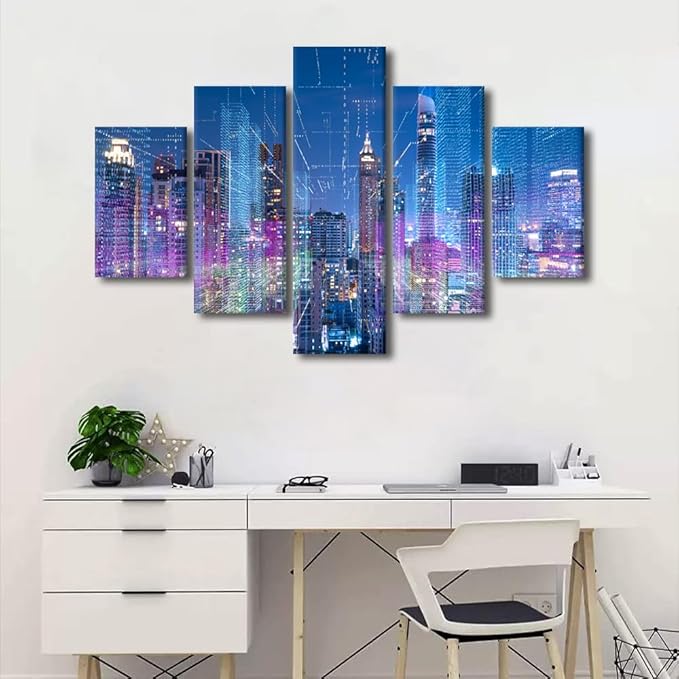 Cityscape Canvas Art 5 Panel Native Americans Wall Decor Wireless Network Poster Printing Internet Companies Corridor Wall Art Meeting Room Canvas Art Decoration Frame Ready to Hang 60x40 Inch
