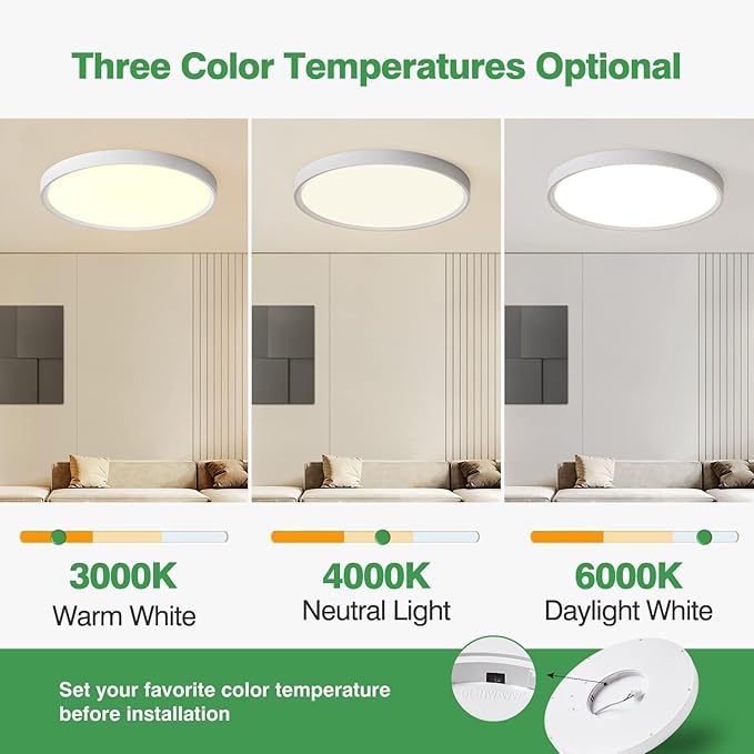 2 Pack 24 Inch Large LED Flush Mount Ceiling Light, 50W,5480LM, 3000K/4000K/6000K CCT Selectable,Black Round Flat Panel Low Profile Ceiling Light Fixtures for Hallway, Kitchen, Bedroom, Laundry Room