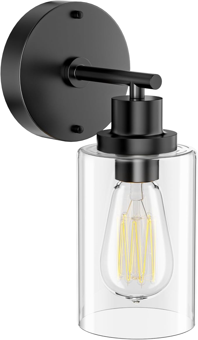 GORDNWE 1-Light Bathroom Wall Sconce, Matte Black Vanity Light, Modern Wall Light Fixture with Clear Glass Shade and E26 Bulb Base, Wall Lamp Wall Mount Light Fixtures for Mirror, Bedroom, Hallway