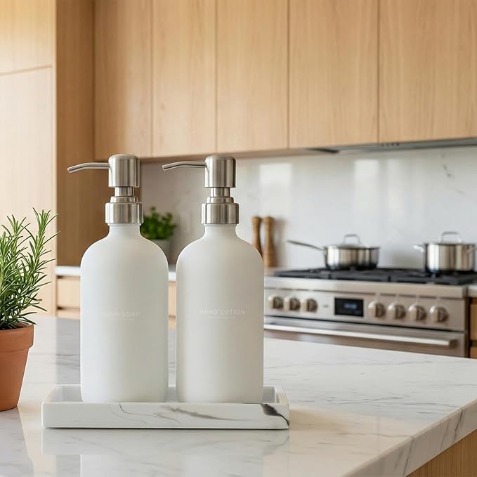 White Glass Soap Dispenser Set for Kitchen, Hand and Dish Soap Dispenser with Stainless Steel Pump & Resin Tray, Perfect for Kitchen,Hotel Rental-Modern Sink Decor for Kitchen & Bath