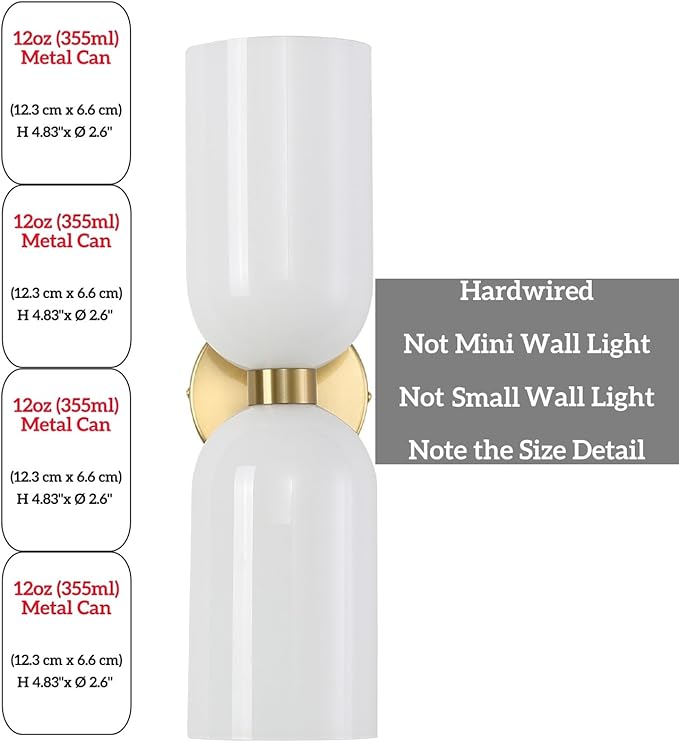 Minimalist 2-Light Gold Wall Sconces with Cylinder Glass Shades- Mid Century Vanity Wall Double Lights Hardwired- Modern Indoor Glass Wall Mounted Art Decor Lights (Milky White, 1 Pack)
