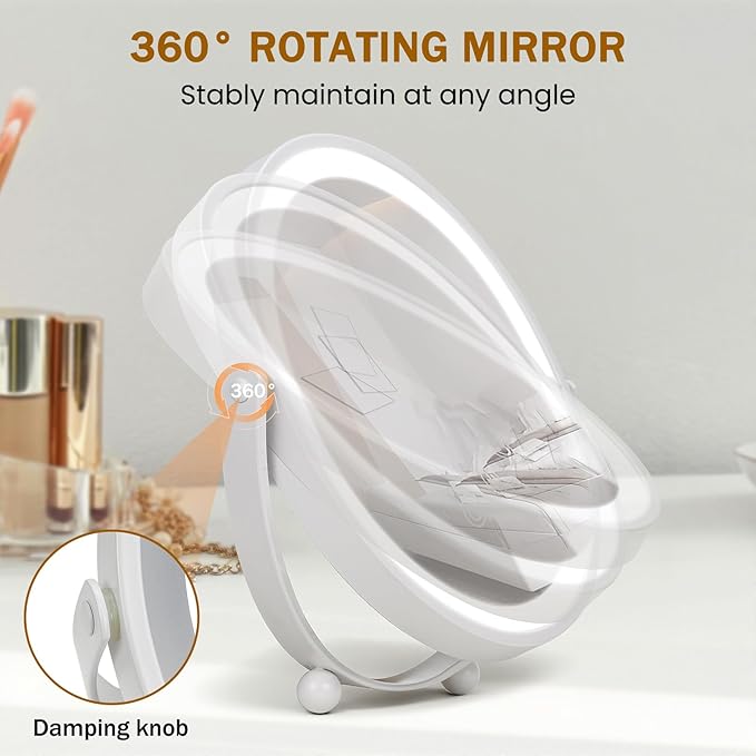 Travel Makeup Mirror, 8" Small Vanity Mirror with Lights, 1500mAH Battery, 3-Color Lighting, Dimmable, 360° Rotation, Round Portable Desk Mirror, Travel Essentials (White)