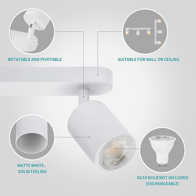 3 Way Track Lighting Kit Flexibly Rotatable Track Light Ceiling Kitchen LED Ceiling spot Light for Bedroom, Picture Wall, Hallway, Office, Bar, GU10 Socket (White-3)