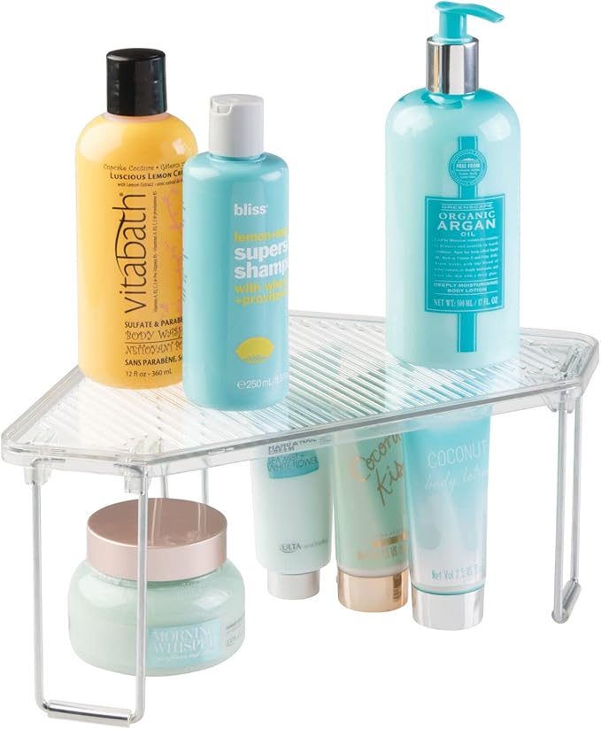 mDesign Plastic/Steel Corner Stackable Rack, Storage Organizer Shelf for Bathroom, Vanity, Countertop, Sink, Cabinet, Holds Makeup, Shower Accessories, Ligne Collection - 2 Pack - Clear