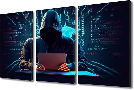 3 Pieces Big Data Canvas Wall Art - Hacker Malware Painting Canvas Print Modern Artwork for Home Walls Hacker Wall Art Home Office Modern Wall Decor Stretched and Framed Ready to Hang, 36"Wx24"H