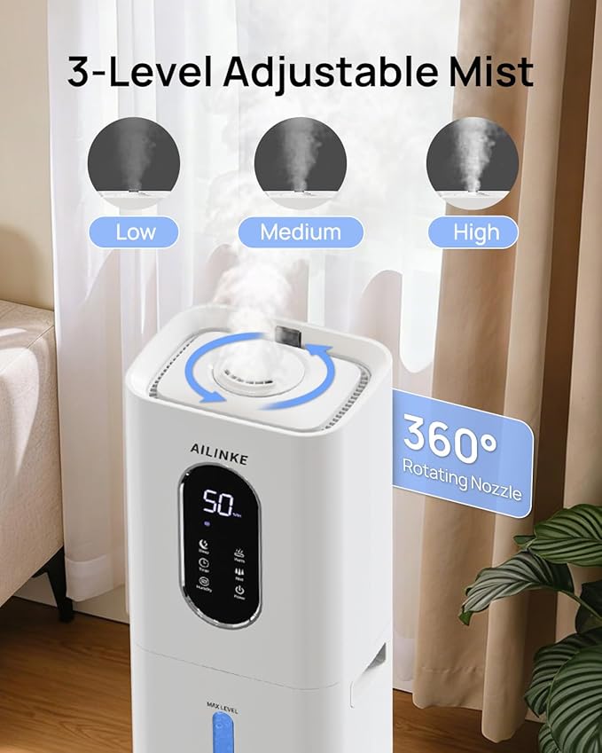 2.1Gal/8L Warm & Cool Mist Humidifiers for Bedroom 500 sq ft, AILINKE Top-Fill Humidifier Large Room with Essential Oil Diffuser, Large Room Humidifiers for Home Baby Nursery Office Plants, White