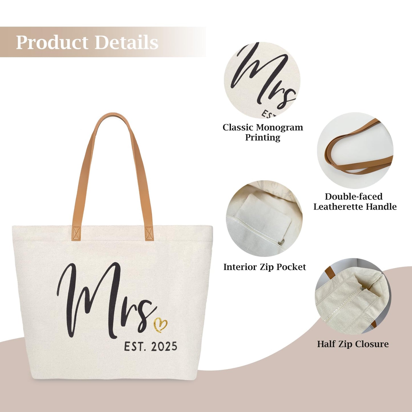 ELEGANTPARK Mrs Bag Mrs Gifts 2025 Bride Gifts Bride Tote Bag Wedding Bridal Shower Bachelorette Party Honeymoon Large Travel Canvas Totes with Zipper