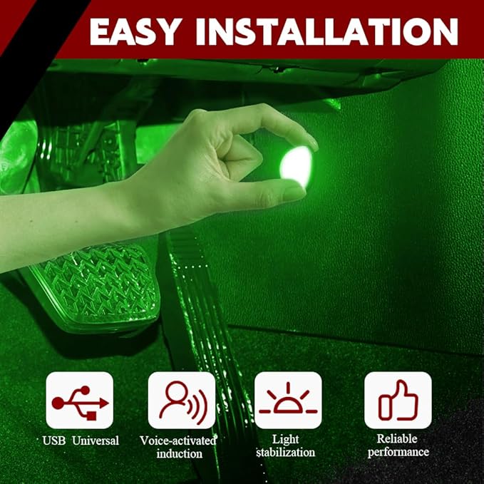 Car Interior LED Lights, Automotive Ambient Neon Light Kit with USB Port, Automotive Under Dash Decoration Night Lamp for Men and Women, 4 in 1 Decoration Lights for Car, Garden, Home, Part (Green)