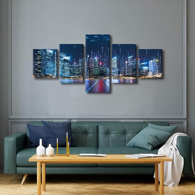 Canvas Wall Decor Modern Smart City Poster 5 Panel City Landscape Poster Classroom Wall Decorate Men Bedroom Wall Decoration Internet Companies Wall Decor Frame and Stretched Ready to Hang 50x24 Inch