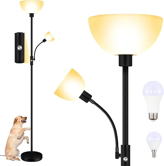 Floor Lamps for Living Room Black, 71" Tall Pole Bedroom Light, Bright Floor Lamp with Adjustable Reading Light, Simple Standing Lamp, White Plastic Lampshade, 3-Way Rotary Switch, Modern Mid-Century