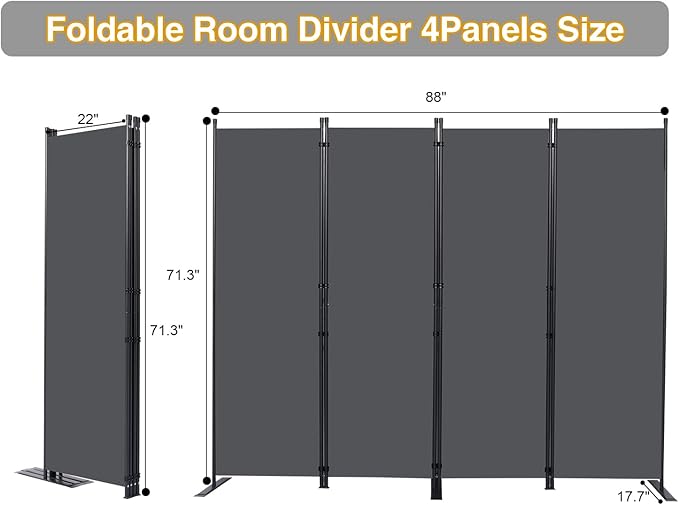 Wall Divider, 4 Panel Room dividers and Folding Privacy Screens with Wider Support Feet, 6 Ft Portable Privacy Screen for Room Separator, 88" W X 71" H, Grey