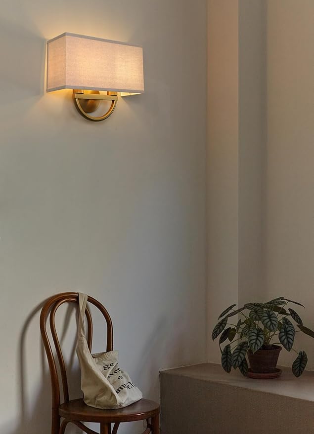 Yosoan Linen Fabric Cloth Boho Gold Brass Wall Sconce Stairwell Fixture Light, 2-Light Indoor Hardwired Dual Vanity Wall Mount Vintage Antique Metal Base Lights Square Fabric Shade for Bedside Hallway