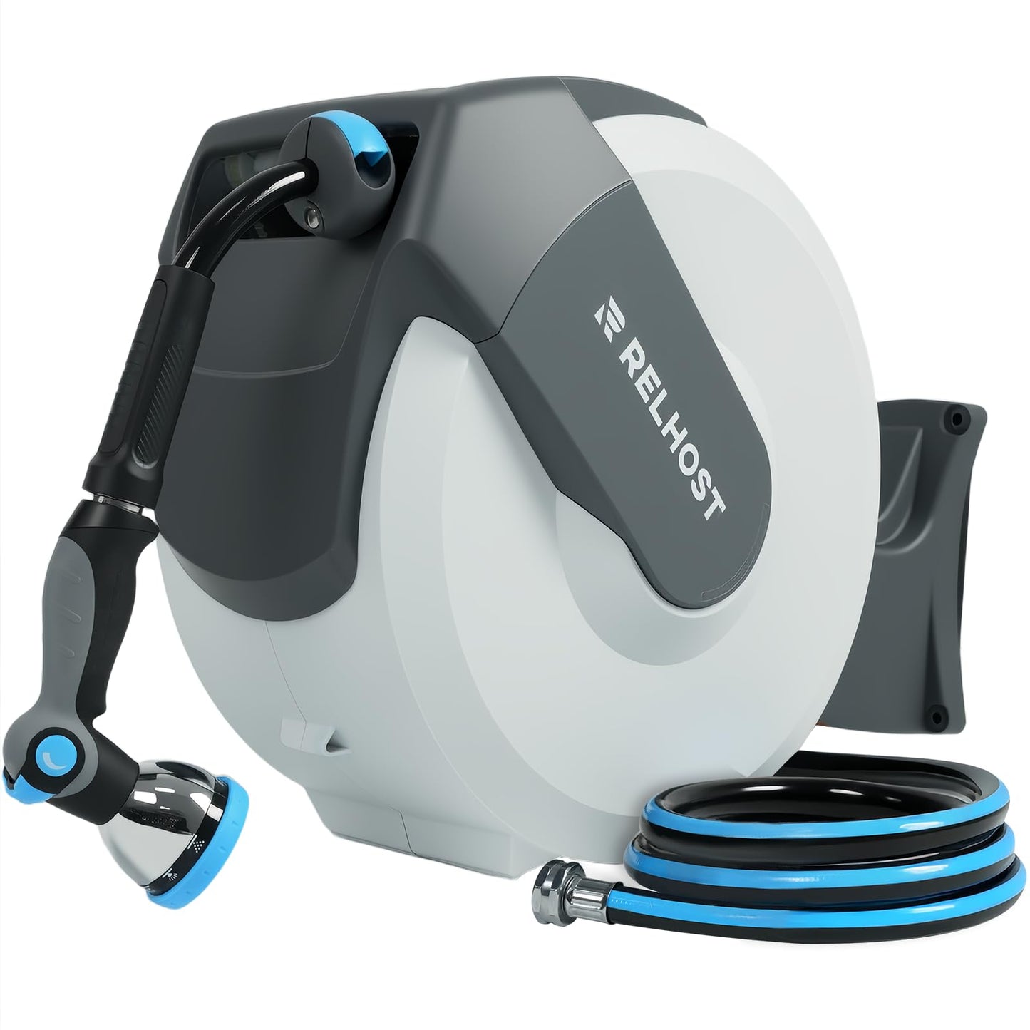 Retractable Garden Hose Reel 1/2 in x 65 ft, Heavy Duty Wall Mount Outdoor Hose with Auto Rewind, Any Length Lock, 180° Swivel Bracket & 10-Pattern Nozzle (White & Grey)