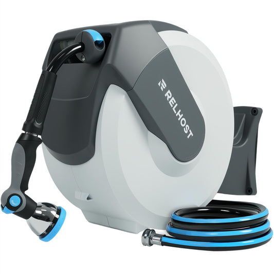 Retractable Garden Hose Reel 1/2 in x 65 ft, Heavy Duty Wall Mount Outdoor Hose with Auto Rewind, Any Length Lock, 180° Swivel Bracket & 10-Pattern Nozzle (White & Grey)
