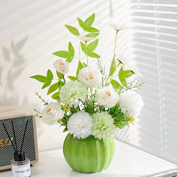Artificial Flowers, Fake Flowers in Vase, Silk Flowers with Ceramic Vase, Faux Flowers Arrangement for Homes, Restaurants Decoration Dining Table Centerpiece Decor (Green)
