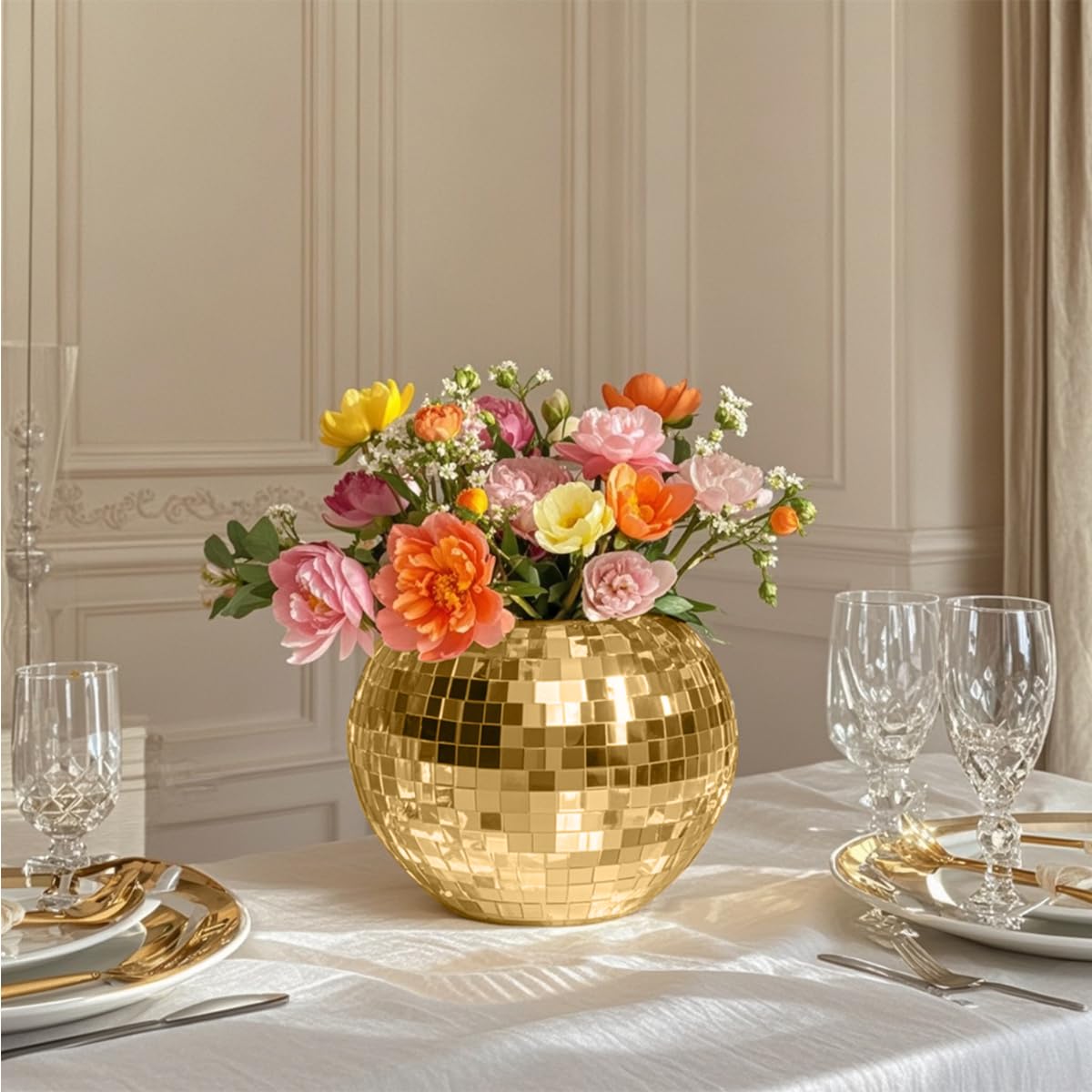 Disco Ball Vase Gold Mosaic Glass Mirror Ball Planter Disco Ball Planter for Centerpieces Disco Ball Decor Flower Vase with Silver Mirror Glass for Wedding Party Birthday, Disco Decor (5" X 6"")"