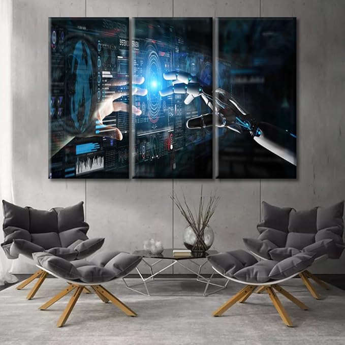 3 Pieces Virtual Network Wall Art Robot Hand and Human Hand Touching Posters Wall Art for Living Room Pictures Modern Artwork Print on Canvas Stretched and Framed Ready to Hang 60"Wx40"H