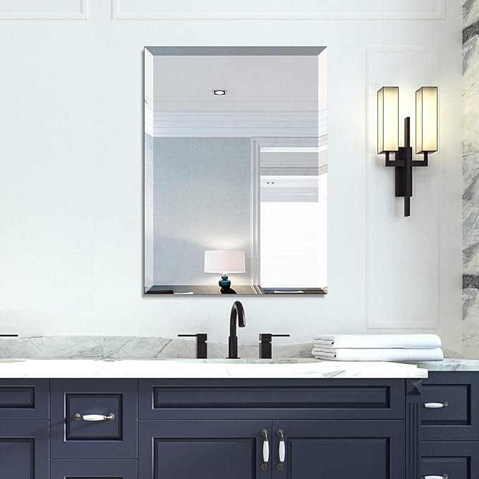 Mirrorons Beveled Mirror, Wall Mirror 24" x 32", Frameless Rectangle Bathroom Vanity Mirror with Beveled Edge, Hangs Horizontally or Vertically. Upgraded Shatterproof Mirror, Bathroom, Gym.