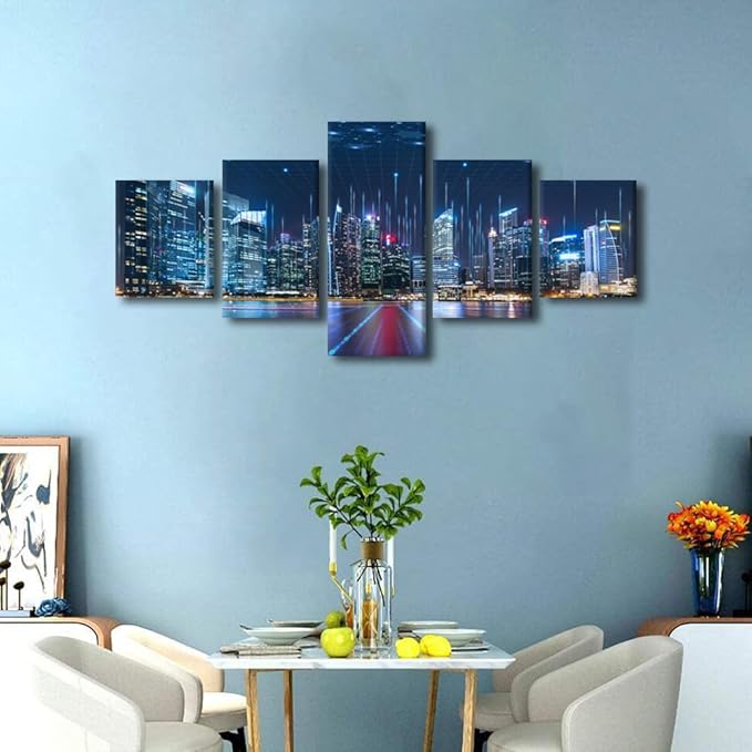 Canvas Wall Decor Modern Smart City Poster 5 Panel City Landscape Poster Classroom Wall Decorate Men Bedroom Wall Decoration Internet Companies Wall Decor Frame and Stretched Ready to Hang 50x24 Inch