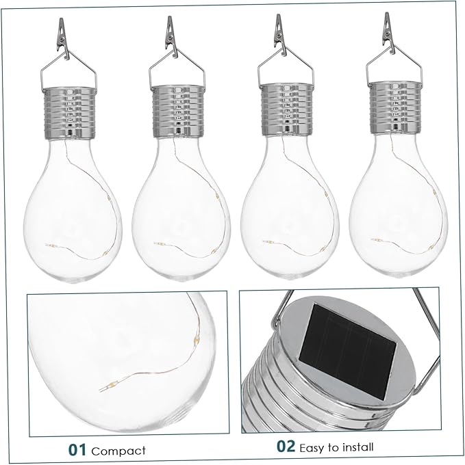 4 Pcs Transparent Solar Copper Wire LED Bulb Hanging Lamp Warm White Chandelier for Outdoor Garden Patio and Lawn Decoration Easy to Install