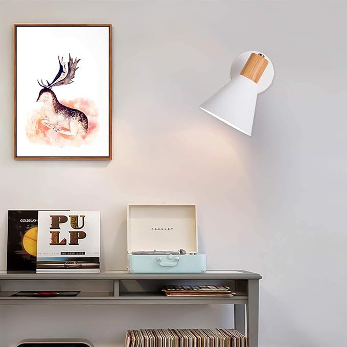 ClanKin Wall Sconces Lighting, White Wood Style Wall Sconce Reading Lamp, Adjustable Wall Light for Bedroom Hallway Living Room (White-Hardwired, 1)