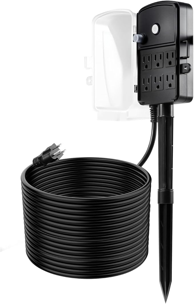 VEVOR Outdoor Power Stake Waterproof, 50 FT Extension Cord, Outdoor Power Strip, Weatherproof with Cover and Overload Protection, 6 Outlets, 15A/1875W for Halloween/Christmas Lights Decorations