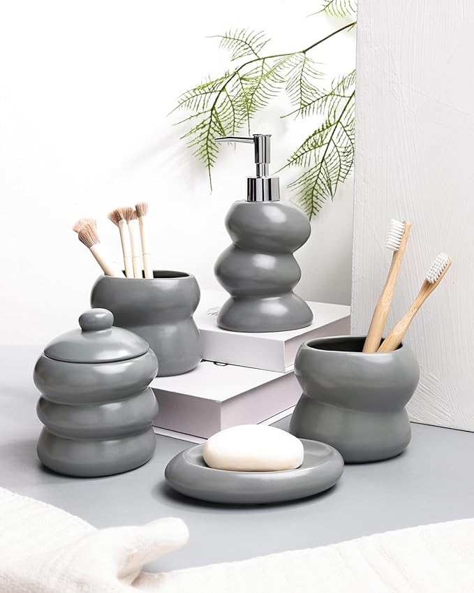 Bathroom Accessory Set 5PCS, Ceramic Bathroom Accessories Set, Irregular Shape Small Bathroom Sets Accessories Complete, Home Apartment Minimalist Decor Vanity Countertop, ANTIS'S HOME (Grey)