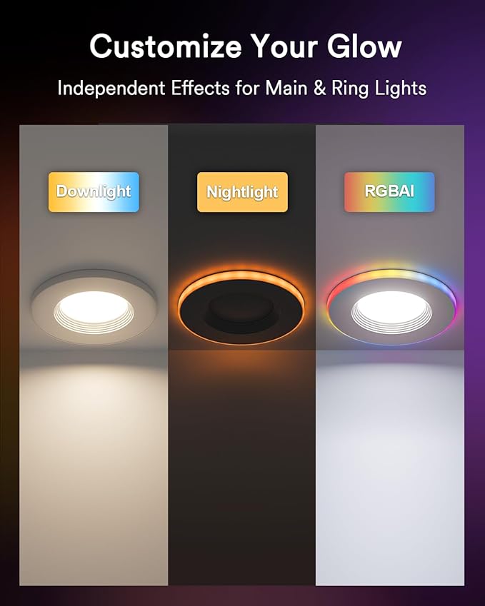 Grace Smart Recessed Lighting 6 Inch, RGBCW LED Can Lights with Night Light, Retrofit Downlight Works with Alexa/Google, 2700K-6500K Dimmable Color Changing Ceiling Light for Bedroom Living Room,1Pack