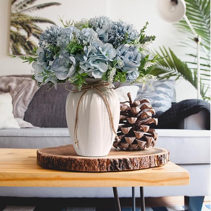 Peonies Artificial Flowers in Vase, Fake Hydrangea Silk Peony Flower Bouquet with Vase Faux Flowers Arrangement Decor Home Table Dining Room (Blue)
