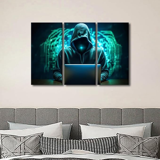 TUMOVO 3 Panels Canvas Wall Art Hacker Malware Canvas Prints Modern Artwork for Home Walls Living Room Decor AI Big Data Posters and Prints Stretched and Framed Ready to Hang, 36" Wx24 H