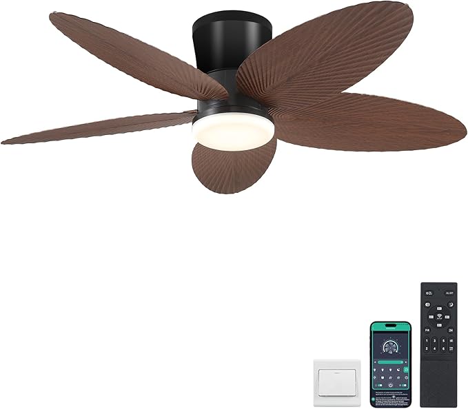 Palm Leaf Ceiling Fans with Lights-42 Tropical Ceiling Fan with Light and Remote/APP Control,Flush Mount Low Profile Ceiling Fans for Bedroom,Indoor/Outdoor Patio Use(Brown)