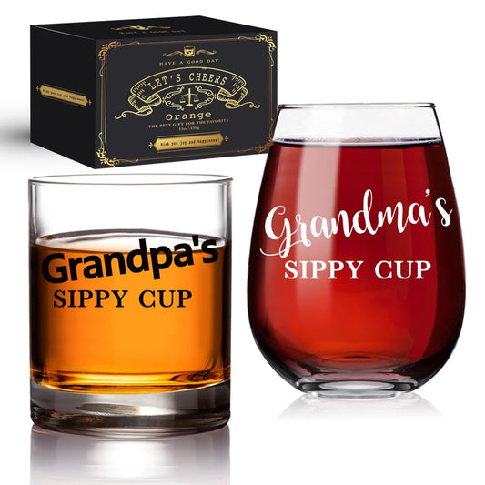 QIMIUTB Grandparents Gifts,Grandparent's Sippy Cup Wine & Whiskey Glass Gift Set, Funny Gag Father's Day Mother's Day Birthday Christmas Thanksgiving Valentines Gift for Papa Dad Mom7