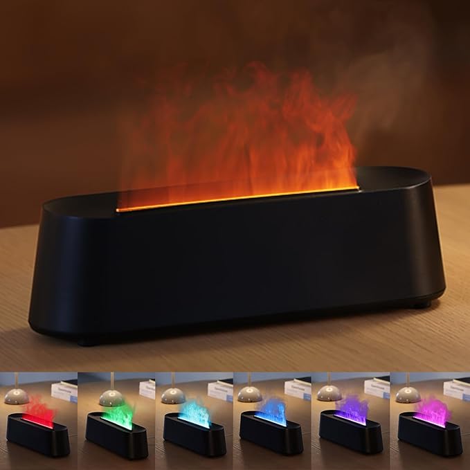 Essential Oil Diffuser, Fireplace Flame Fire Oil Diffuser, 250ml Cool Mist Aromatherapy Humidifier, Scent Diffuser with 7 Colors Light, Remote Control, Timer & Auto-Off for Home, Room (Black)