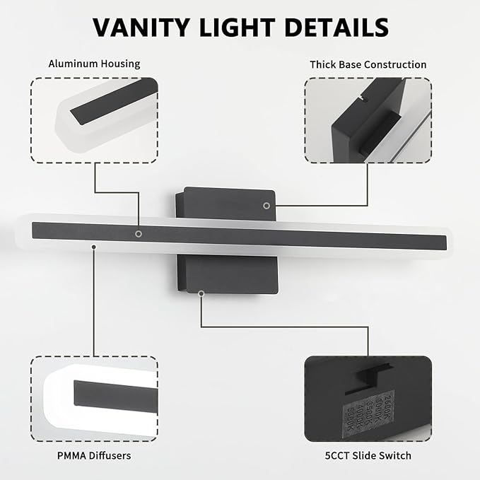 JUSHENG Black Vanity Lights for Bathroom, 24 Inch 20W 5CCT Dimmable Bathroom Light Fixtures Over Mirror, Modern LED Vanity Light Bar Above Mirror