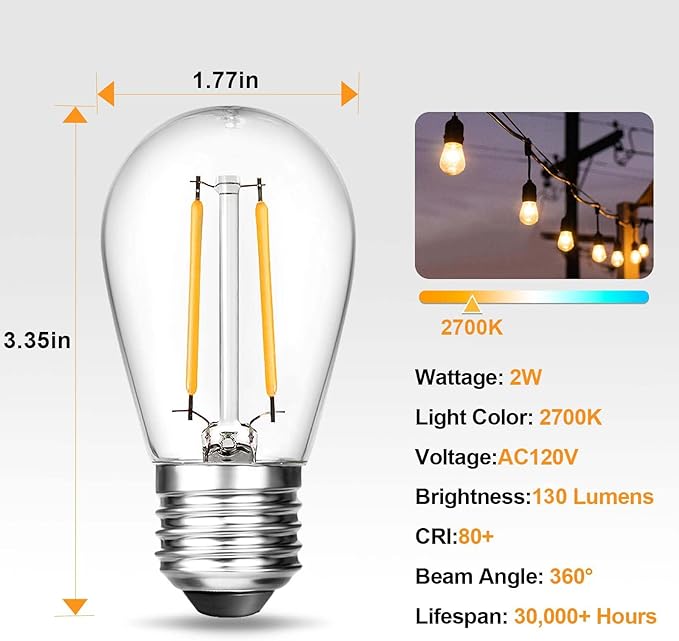 BRIMAX 6 Pack 2W LED Light Bulbs,Equivalent to 15W-20W,Low Watt Small S14 Replacement Bulbs for Outdoor String Lights and Sputnik Chandelier,Shatterproof,120V,2700K,E26 Base (3.35″ H × 1.77″ W)
