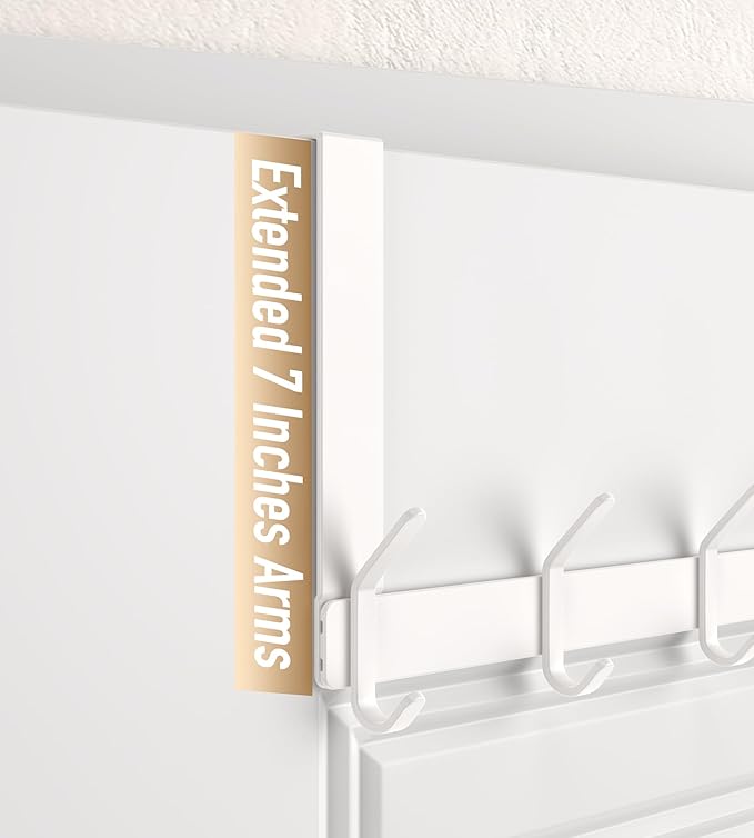 KitchLife Over The Door Hooks Hanger with 7 inches Extended Arms, Fit for 1-3/4" Doors, J18U, Thickened Bathroom Towel Rack Organization, 1 Pack Double-Hook, Glossy White
