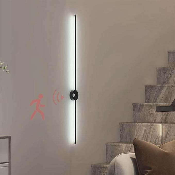 LED Long Strip Wall Lights with Motion Sensor Lamp 3000K/4000K/6000K Lighting Modern Simple Aluminum Mounted Indoor Bedside Decoration Light Living Room(Black White Light,100cm)