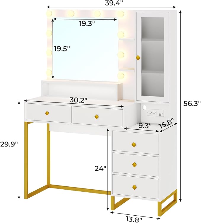 Tiptiper Makeup Vanity with Lights & Charging Station, Large Vanity Desk with Mirror and Lights, Makeup Table with 5 Drawers & Shelves, White and Gold