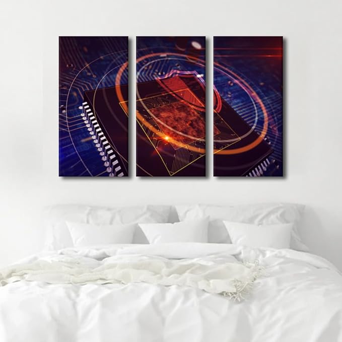 Wall Art for Living Room 3 Panel CPU on Board With Shield Hologram Display Pictures Posters for Home Room Office Club Decoration Wooden Framed Gallery-Wrapped Ready to Hang, 42" Wx28 H