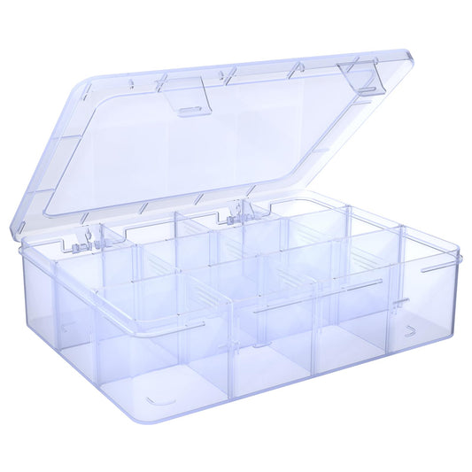 SRNYJAO Plastic Organizer Tackle Box, 12 Grids Clear Bead Organizer Compartment Box with Removable Dividers for Snackle box,Parts, Earring Tool Fishing Hook Hair Accessories,8.8" L x 6.4"" W x 2"" H"